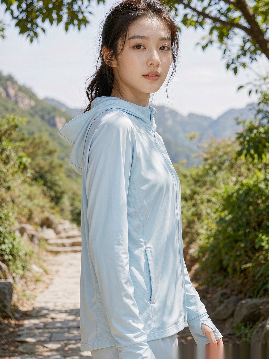 户外轻薄防晒衣 · 夏季徒步，使用 遮热凉感科技 纱线制成